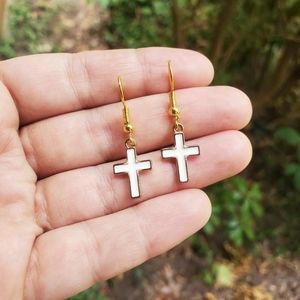 New Dainty Handmade Gold & White Enamel Cross Earrings